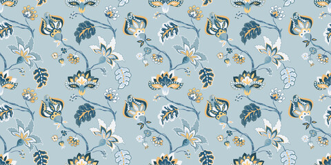 Floral seamless pattern, background. Whimsical flowers Jacobean style on a pastel blue background - 441800685