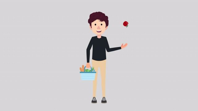 White casual boy holding grocery basket and thrown up and down an apple in the air by using his arm while smiling.