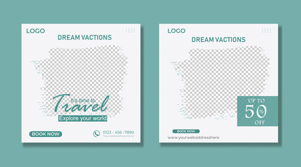 Travel and vacation square social media banner post design template. Editable Modern Template. Discount Promo Template.