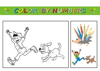 Boy and dog, coloring book, color by numbers. Number coloring page for preschool children. Learn numbers for kindergartens and schools. Educational game. Worksheet for education.