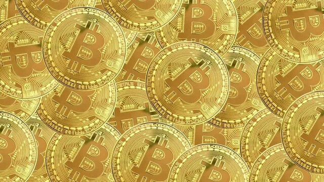 Bitcoin crypto currency. BTC coins. Blockchain technology, Bitcoin mining concept. Rotation 4K UHD video