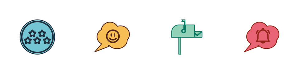 Set Five stars rating review, Speech bubble with smile face, Open mail box and chat notification icon. Vector