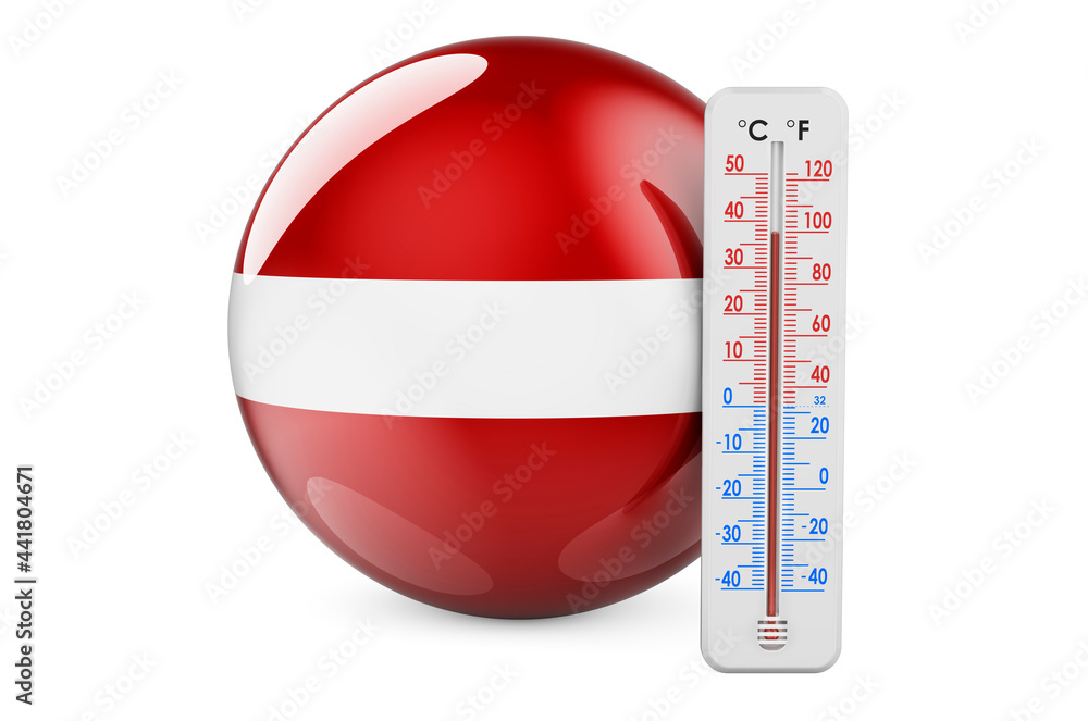 Poster thermometer with latvian flag. heat in latvia concept. 3d rendering