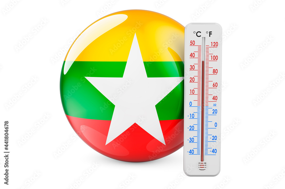 Poster thermometer with myanmar flag. heat in myanmar concept. 3d rendering