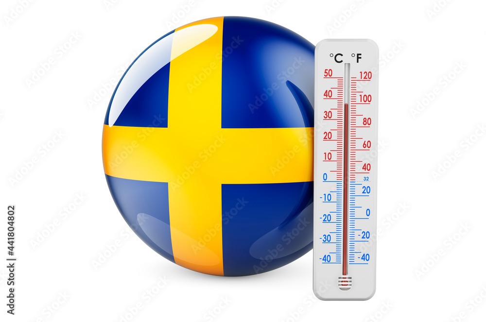 Poster thermometer with swedish flag. heat in sweden concept. 3d rendering
