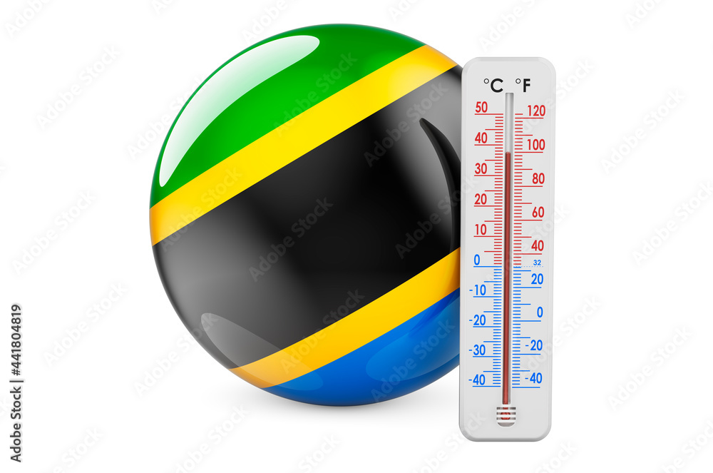 Poster thermometer with tanzanian flag. heat in tanzania concept. 3d rendering