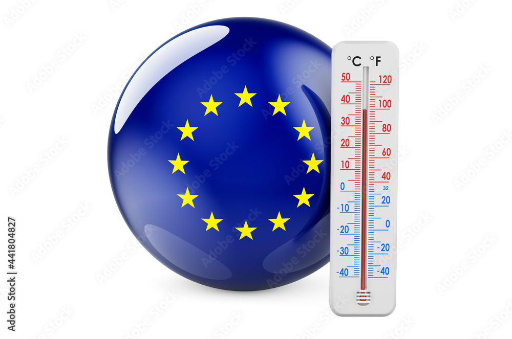 Poster thermometer with the eu flag. heat in the european union concept. 3d rendering