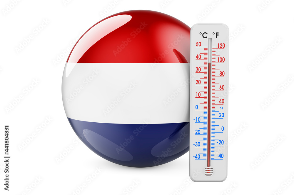 Poster thermometer with the netherlands flag. heat in the netherlands concept. 3d rendering