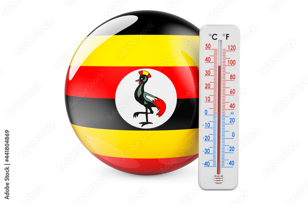 Poster thermometer with ugandan flag. heat in uganda concept. 3d rendering