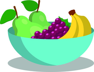 simple vector illustration of a blue bowl full of fruits (pear, grape, banana) on white background