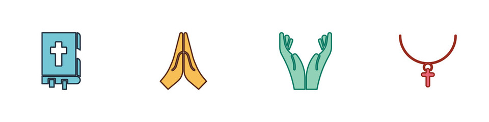 Obraz premium Set Holy bible book, Hands in praying position, and Christian cross chain icon. Vector
