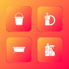 Set Bucket, Dishwashing liquid bottle and plate, Bathtub and Bottles for cleaning agent icon. Vector