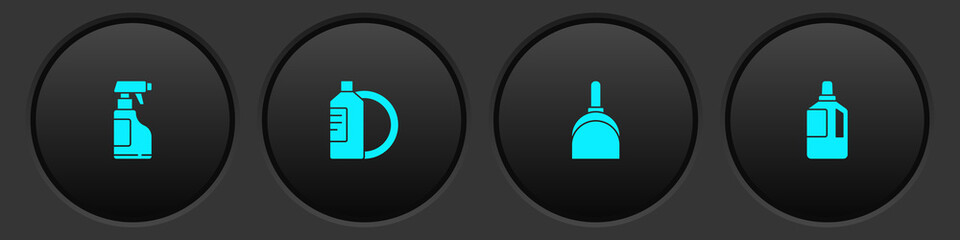 Set Spray bottle with detergent liquid, Dishwashing and plate, Dustpan and Fabric softener icon. Vector