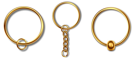 Holder trinket isolated on white background. Reallistic template metal keychain set. Trinket keyring, keyholder and breloque illustration.