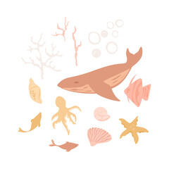 Set of sea animals. Whale, fish, octopus, jellyfish, shell, corals, bubbles water element. Collection of aquatic creatures isolated on white. Vector illustration for print, stickers