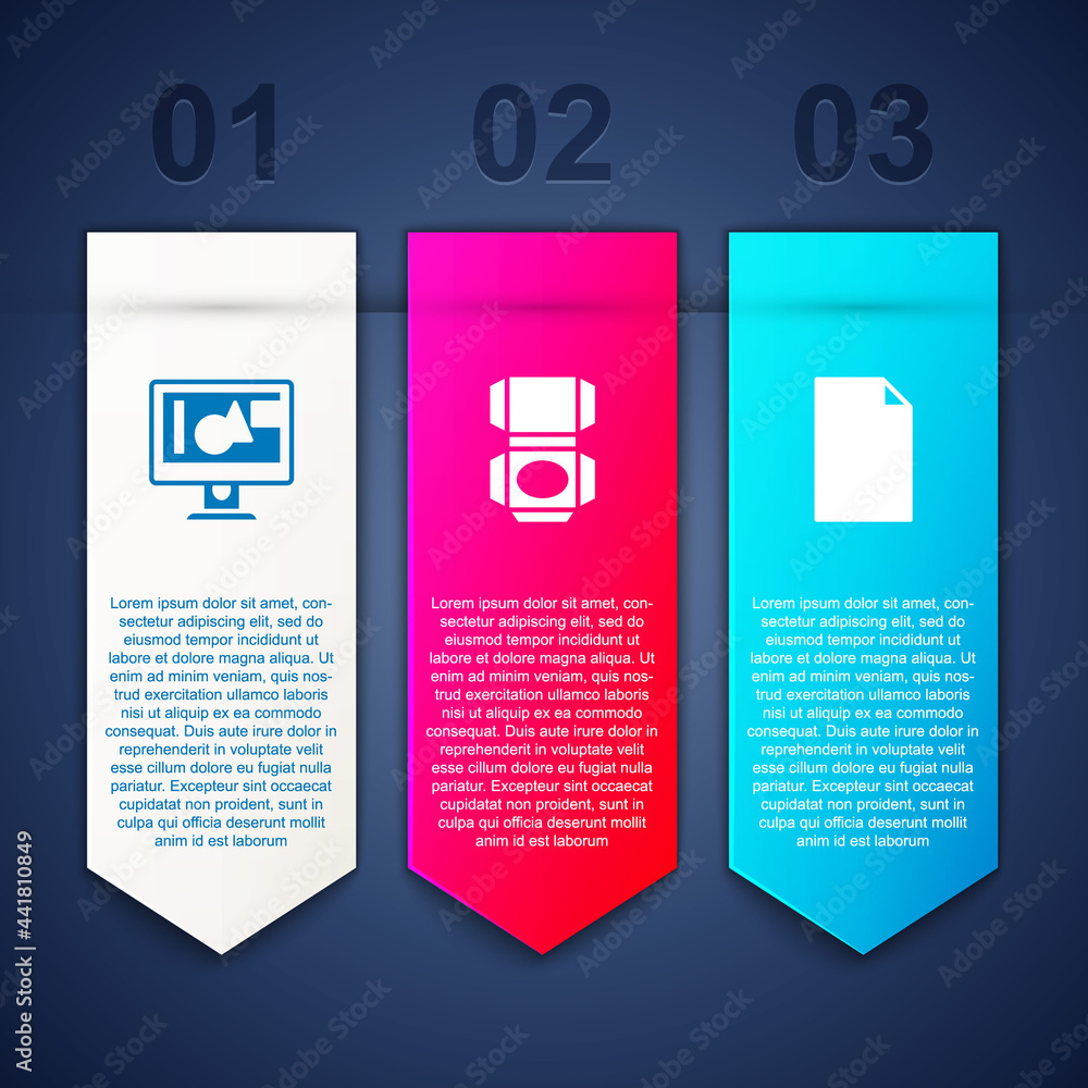 Poster set computer monitor screen, carton cardboard box and empty document. business infographic template.