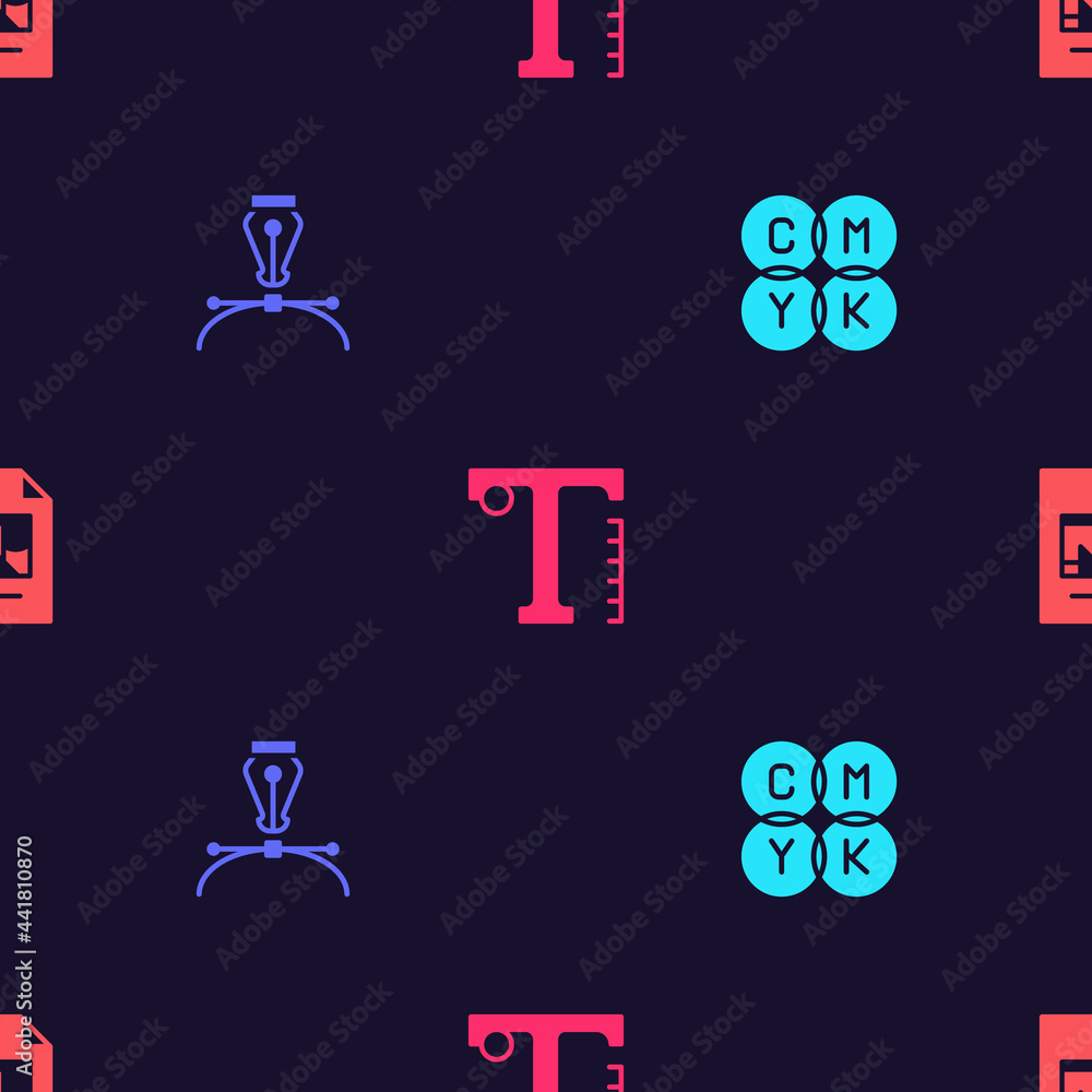 Poster set cmyk color mixing, fountain pen nib, text and file document on seamless pattern. vector