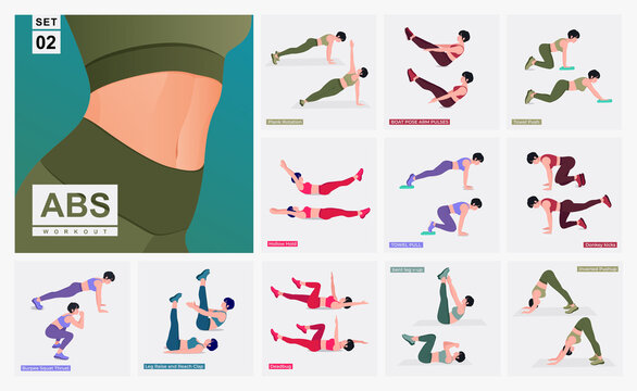 Abs Workout Set. Women doing fitness and yoga exercises. Lunges Pushups Squats Dumbbell rows Burpees Side planks Situps Glute bridge Leg Raise Russian Twist Side Crunch .etc Stock Vector Adobe Stock