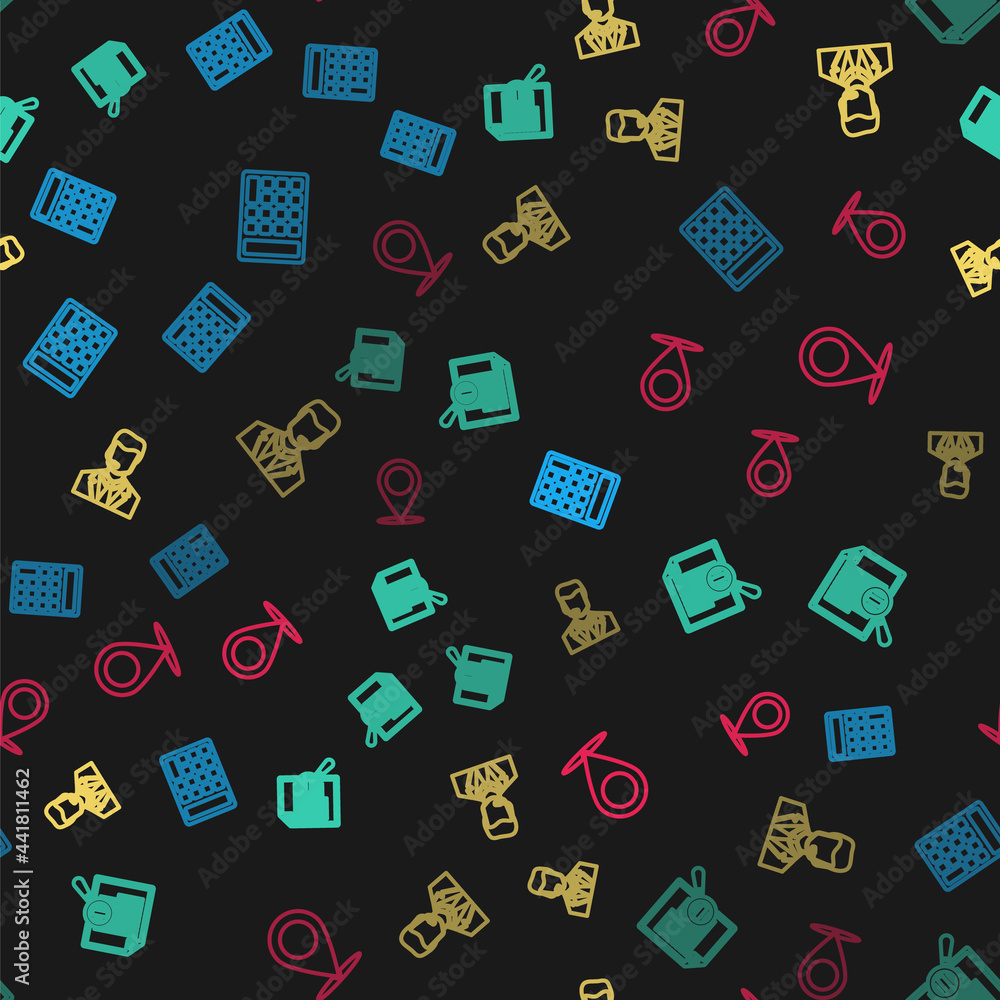 Poster set line calculator, document with search, man headset and map pin on seamless pattern. vector