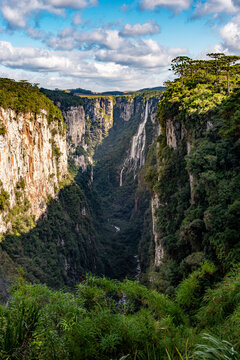 Bridal Veil waterfall inside the Itabezinho Canyon located in southwestern Brazilian city of Cambará do Sul, Rio Grande do Sul, top view