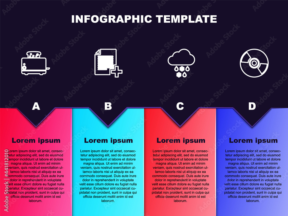 Poster set line toaster with toasts, add new file, cloud snow and rain and cd or dvd disk. business infogra