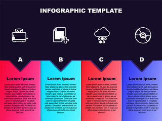 Set line Toaster with toasts, Add new file, Cloud snow and rain and CD or DVD disk. Business infographic template. Vector
