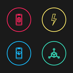 Set line Smartphone with heart rate, Isometric cube, Lightning bolt and battery charge icon. Vector