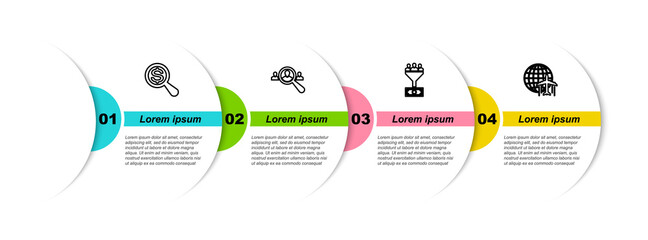 Set line Magnifying glass and dollar, for search people, Lead management and Globe with flying plane. Business infographic template. Vector