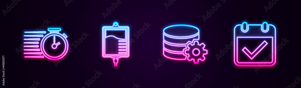 Poster set line stopwatch, iv bag, setting database server and calendar with check mark. glowing neon icon.