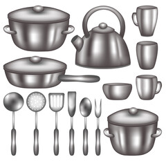 Kitchenware metal utensils collection isolated on white background. Realistic still life dishware. Stainless steel cookery tools.
