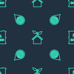Set line Eco friendly house, Earth planet in water drop and Bio fuel barrel on seamless pattern. Vector
