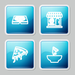 Set line Pizza in cardboard box, Pizzeria building facade, Slice of pizza and Nachos plate icon. Vector