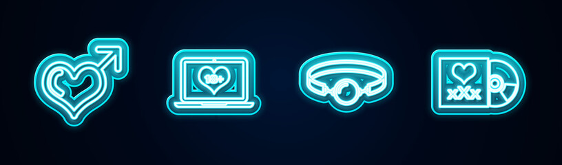Set line Male gender and heart, Laptop with 18 plus content, Silicone ball gag and Disc inscription Sex. Glowing neon icon. Vector