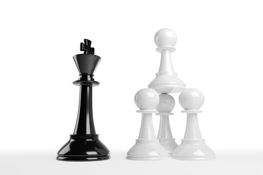 Stacked chess pawns face a king. Work team concept. 3d illustration.