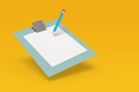 Pencil on a clip board isolated in yellow background. 3d illustration.