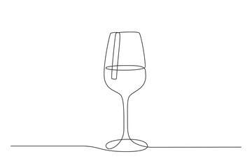 Continuous one line drawing of Wine glass. Drink in cup in doodle style. Thin editable stroke. Black and white vector illustration