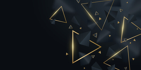 Geometric background of black and golden 3d triangles. Stylish design for template, cover, banner, brochure. Decorative, polygonal shapes with blur. Vector illustration