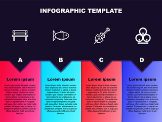Set line Bench, Fish, Violin and Wooden barrels. Business infographic template. Vector