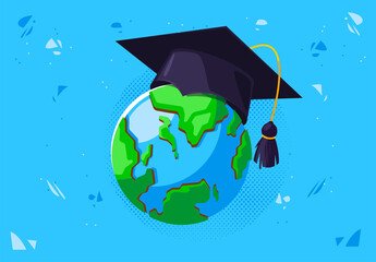 Vector square academic cap of a student is put on the planet earth