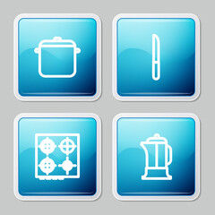 Set line Cooking pot, Knife, Gas stove and French press icon. Vector