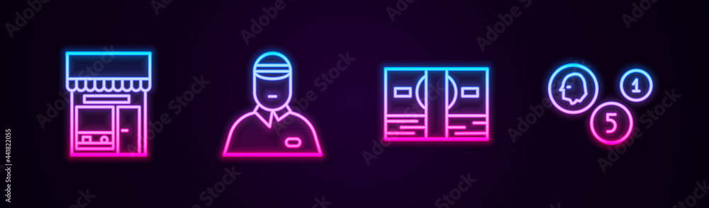 Sticker Set line Shopping building or market store, Seller, Stacks paper money cash and Coin. Glowing neon icon. Vector