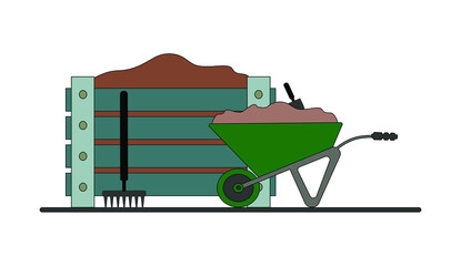 Agriculture farming vector illustration with a wheelbarrow, dirt, box, pitchfork and shovel