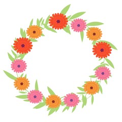 colorful blossoms and leaves round frame isolated on white background, vector frame, great decoration for cosmetic, gardening, healthy lifestyle, ecology or spring themes