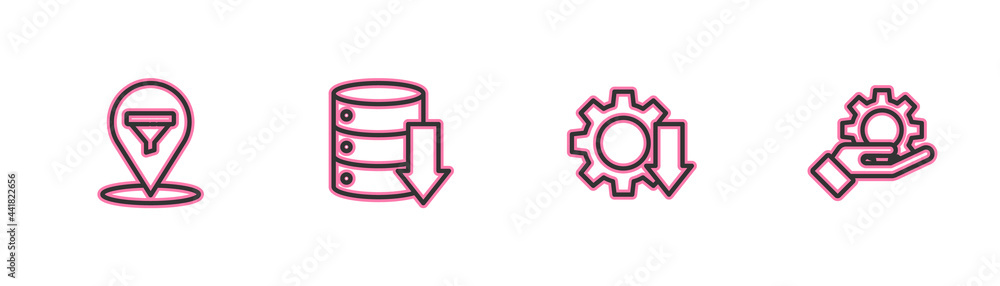 Poster set line location with sales funnel, cost reduction, server, data, web hosting and hand settings gea