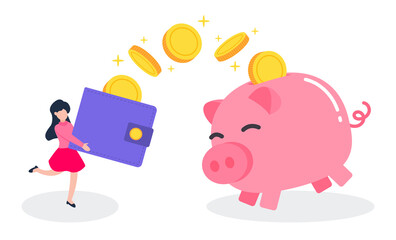 Woman carry a money wallet while golden coins floating into the piggy bank. Creative financial concept of savings. Simple trendy cute cartoon vector illustration. Flat style graphic design element.
