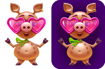 Cute pig is standing in a friendly pose. Avatar. Cartoon character. Childish Illustration