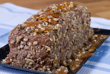 The process of making a chocolate cake with nuts and cream. cooking at home.