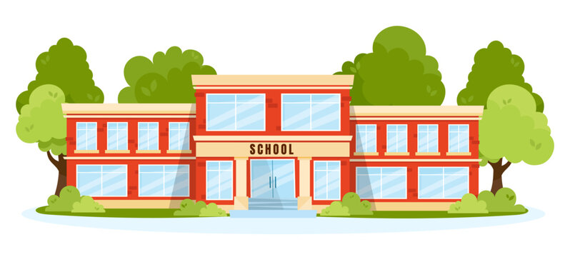 Front view of a classic school building with big windows and doors. Flat, cartoon style vector illustration. Elementary or high school architecture with trees and shrubs.