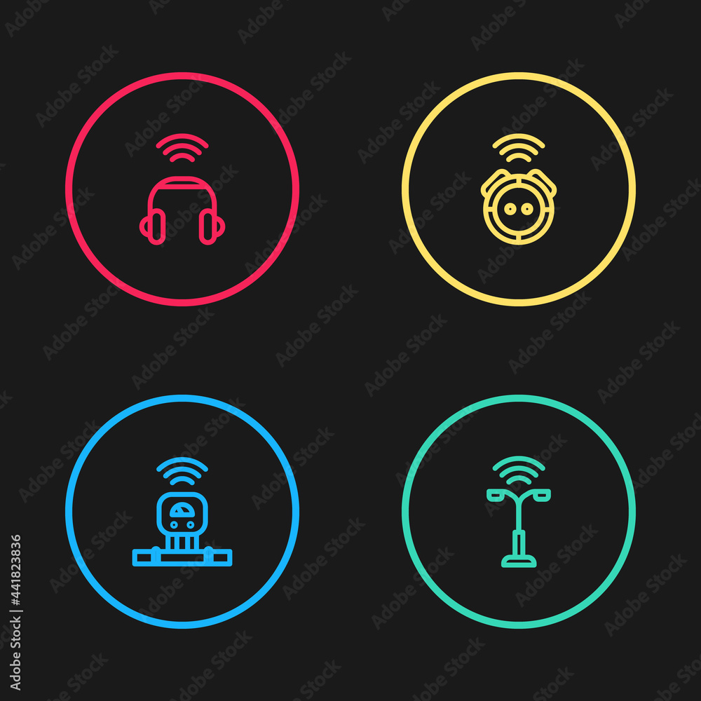 Sticker Set line Smart sensor, street light, Robot vacuum cleaner and headphones icon. Vector