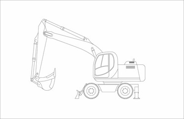 Vector sketch of a wheeled excavator on a white background. Vector illustration